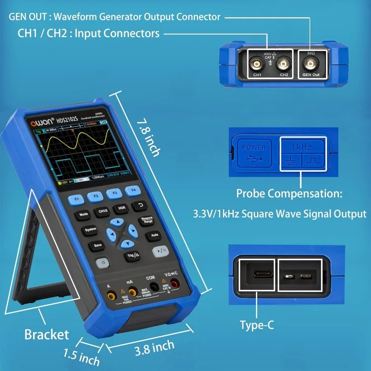 Oscyloskop HDS2102S 2 + 1CH Cyfrowy ręczny oscyloskop multimetr 3 w 1 Przepustowość 100 MHz Multimetr LCD 3,5"