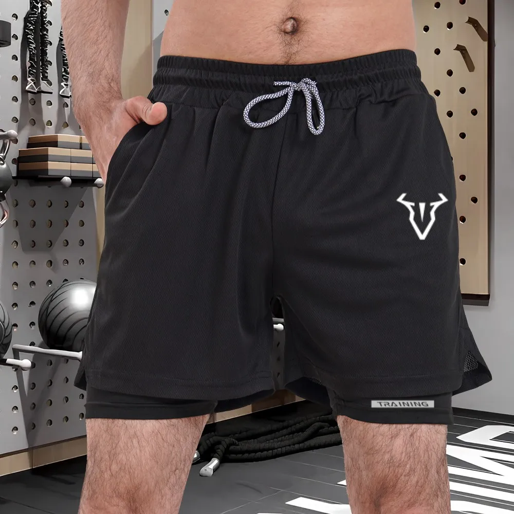 

2-in-1 running shorts suitable for men's fitness tight pants with phone pocket and summer sports pants print