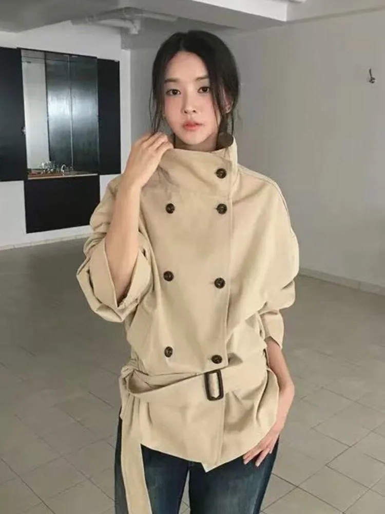 Kaki Color Stand Collar Double Breasted Belted Jacket Women's Autumn New Style High Sensation Coat Outerwear by Chinese 