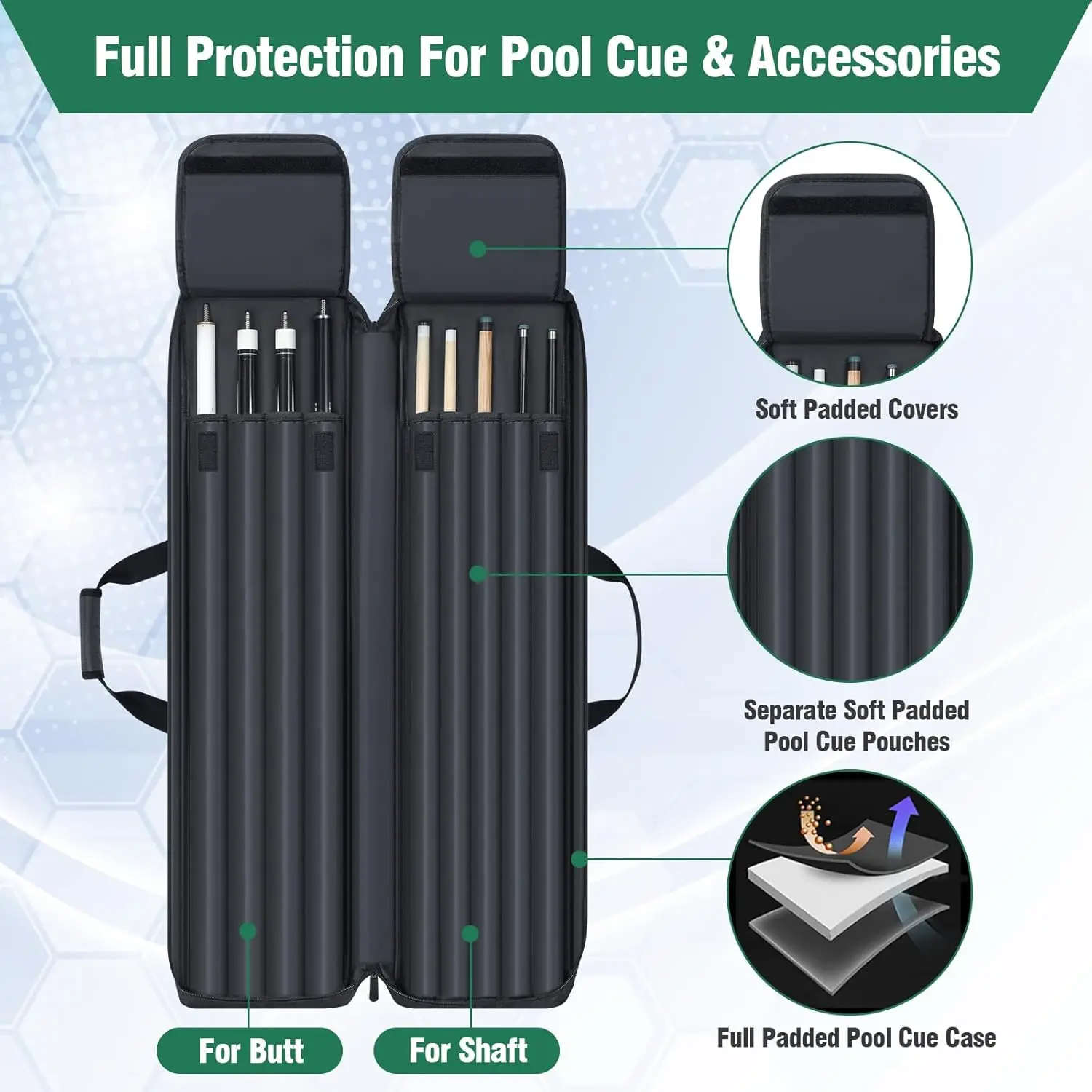 

Pool Cue Case 4x5, Pool Cue Carrying Case Soft Padded Billiard Stick Bag with Multi-pocket for 4 Butts and 5 Shafts, Pool Stick