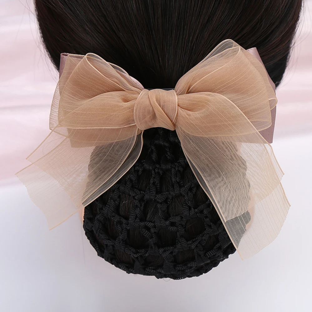 New Gauze Bow Hairnet Hairpin Mesh Bowknot Bun Hairclip Hair Net Professional Flight Attendant Barrette Waiter Hair Accessories