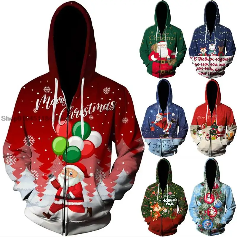 Christmas New Couple Zipper Hoodie Sweater for Women Casual Long Sleeves Pullover Autumn Loose Oversized Unisex Clothing