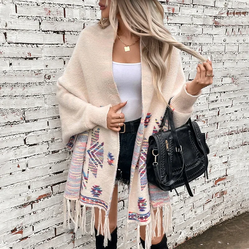 

Tassels Cloak Women Print Knit Loose Casual Full Sleeve Capes Vintage V Neck Knitted Shawl Spliced Elegant Autumn Winter