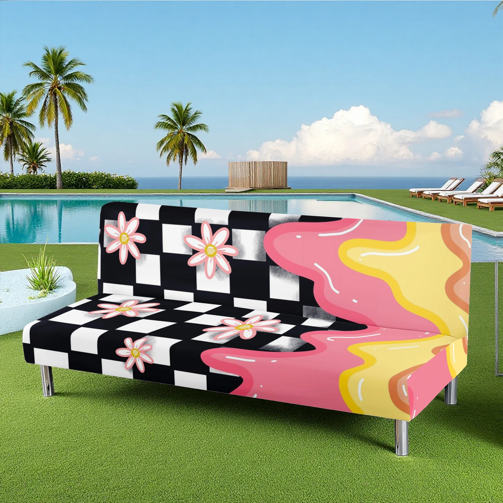 Groovy Checkerboard & Melting Color + Flower Print Summer Outdoor Futon Cover, Milk Silk Elastic Slipcover,