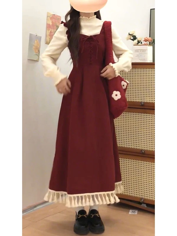 Elegant Red Tassel Vest Dress Two-Piece Set Layering Base Shirt College Style Fashion Women's Clothing Winter Season view 2