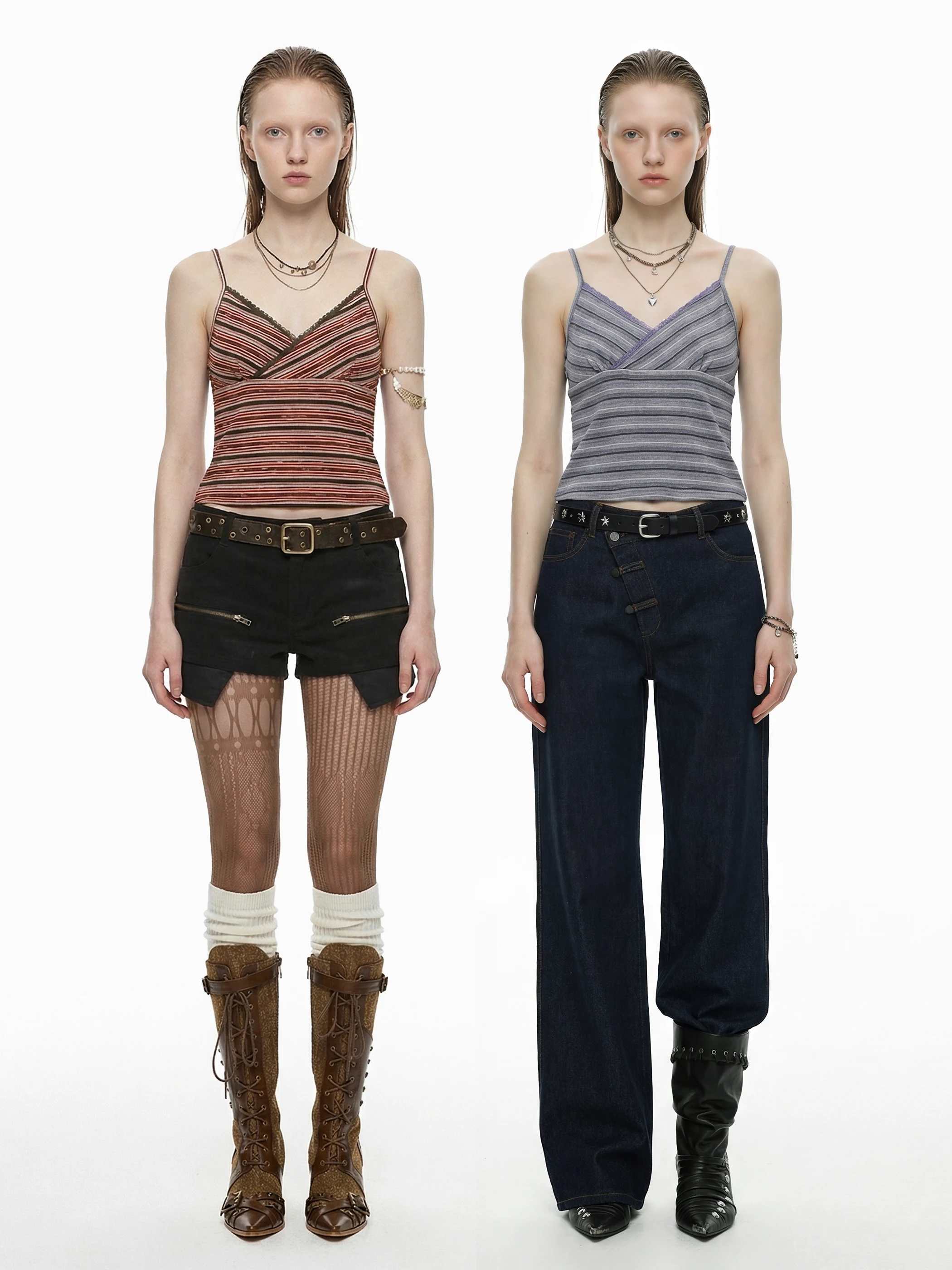 

Сексуальный полосатый топ с кружевной отделкой и V-образным вырезом, на тонких бретелях, короткий, в американском ретро-стиле, женский, из хлопковой смеси, эластичный, модный