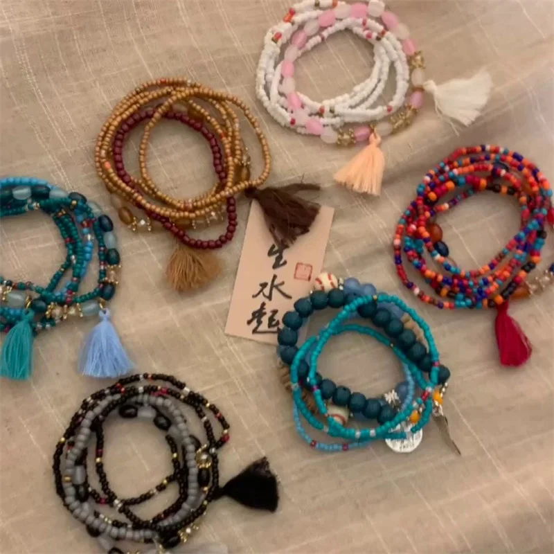 

Bohemian Handmade Beads Bracelets Set for Women Fashion Summer Colorful Beaded Tassel Bracelets Ethnic Jewelry Accessories