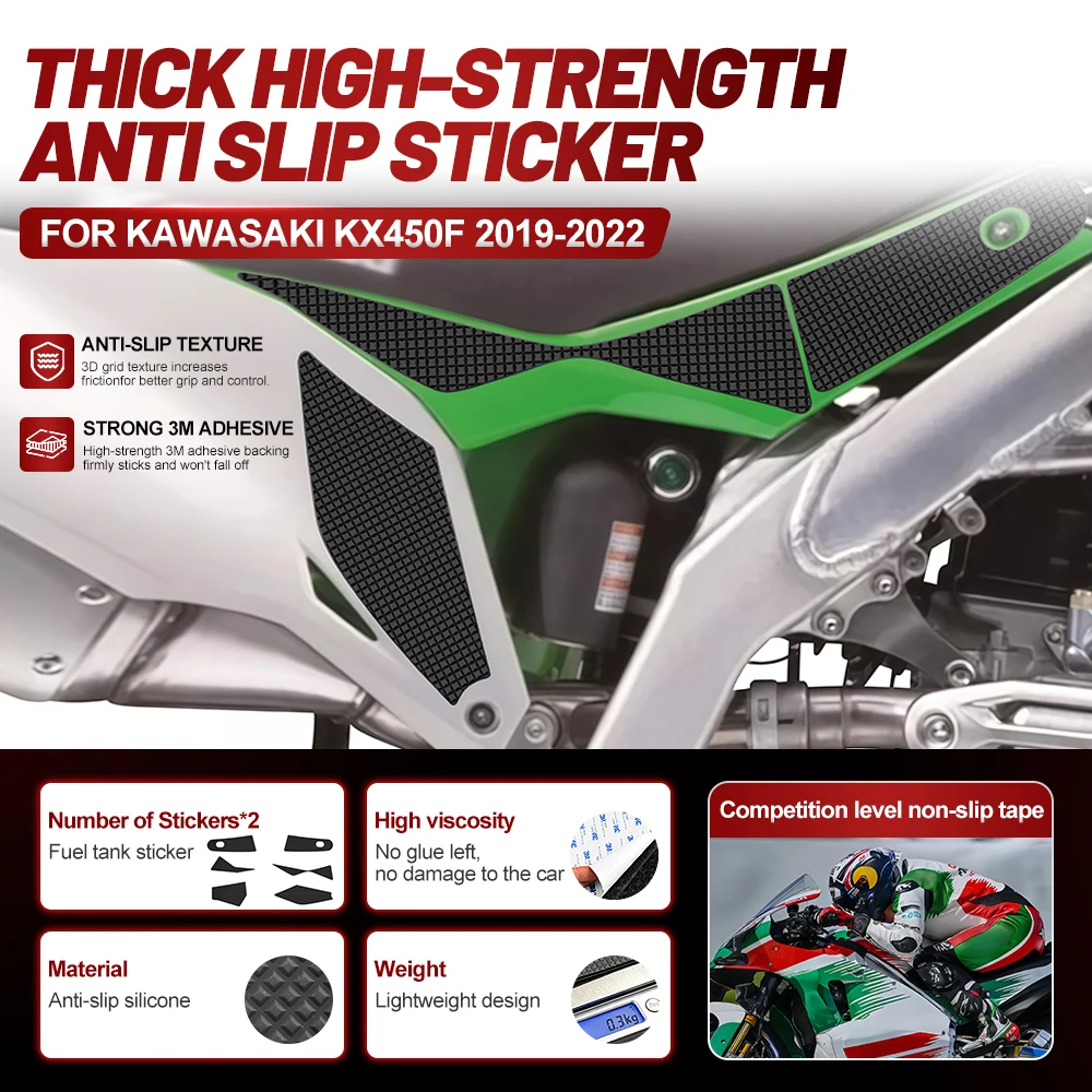 Fit For Kawasaki KX450F 2019-2022 Silicone Anti-Slip Tank Traction Pad Side Grip Sticker Set
