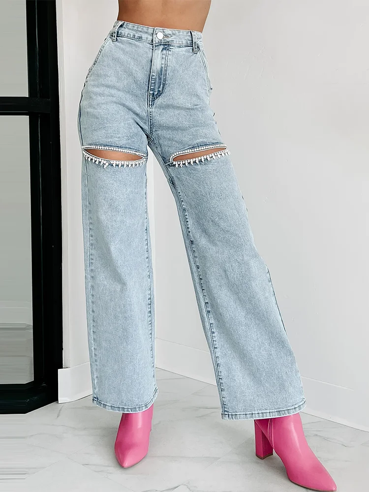 VGH Hollow Out Patchwork Diamonds Denim Trousers Dla Kobiet Wysoka Talia Spliced Pockets Casual Loose Wide Leg Pants Female Style
