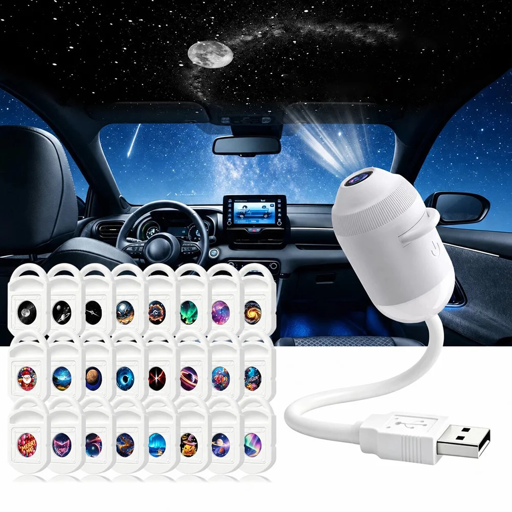 360° Rotatable Galaxy Ceiling Decor Light with Sliding Projection Films USB HD LED Star Projector Night Lighting for Bedroom Car