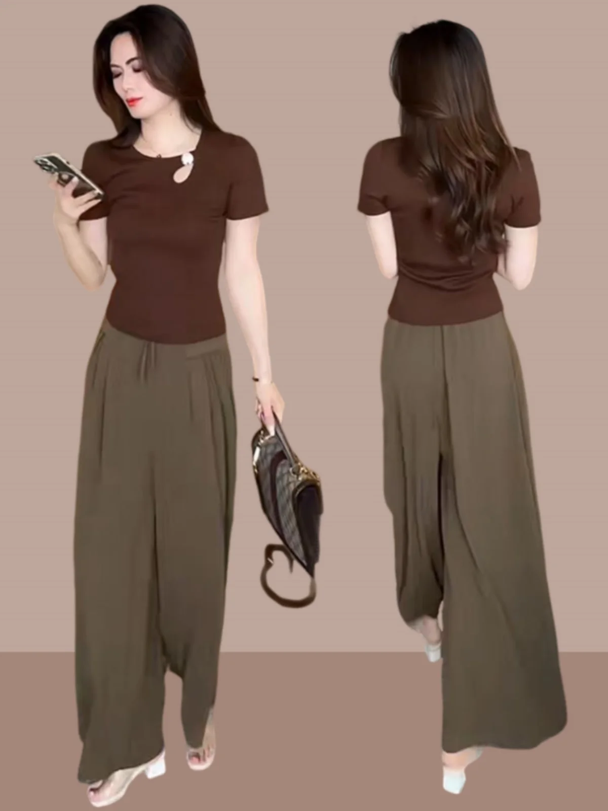 

Fashionable Loose Short Sleeve Women's Set Summer 2026 Coffee Color Wide Leg Pants Casual Design Sensation Ladies Outfit