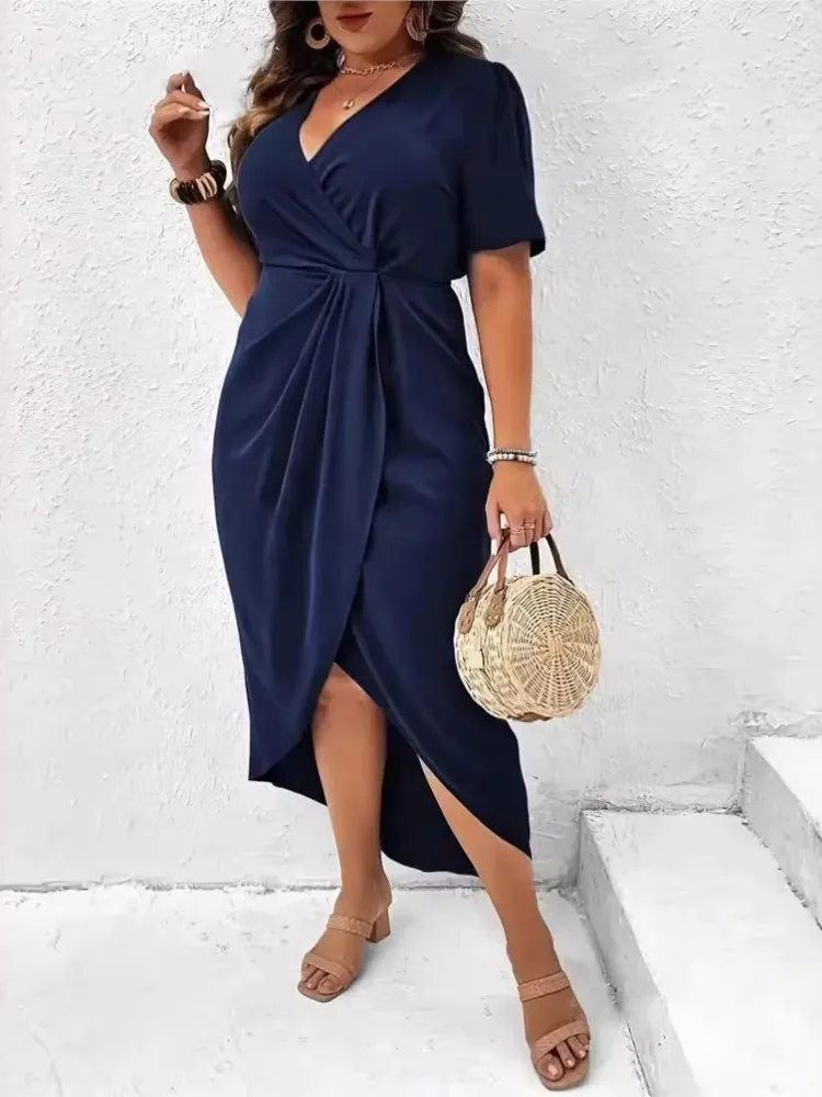 Plus Size Summer V-Neck Midi Dress Women Irregular Ruffle Pleated Fashion Slim Waist Ladies Dresses Short Sleeve Woman Dress