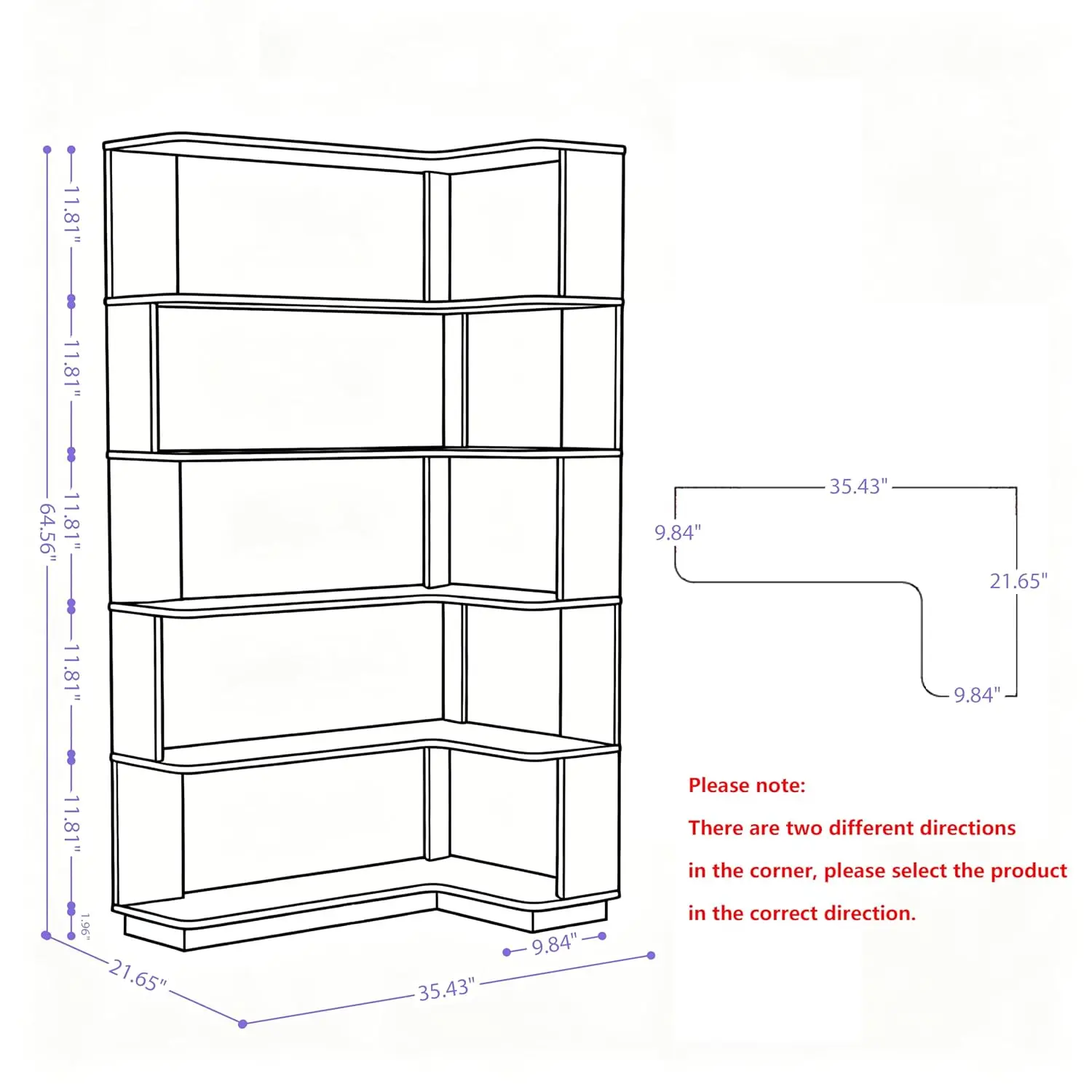 5 Tier Corner Bookshelf Set of 2, 36x22+32 Inch L&I Shaped Storage Shelf, Dark Brown, Customized
