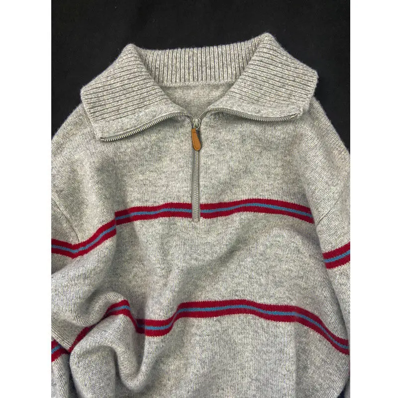 Deeptown Vintage gaya Jepang bergaris sweater wanita kasual Polo Knitwear longgar Mode Korea abu-abu ritsleting pullover rajut