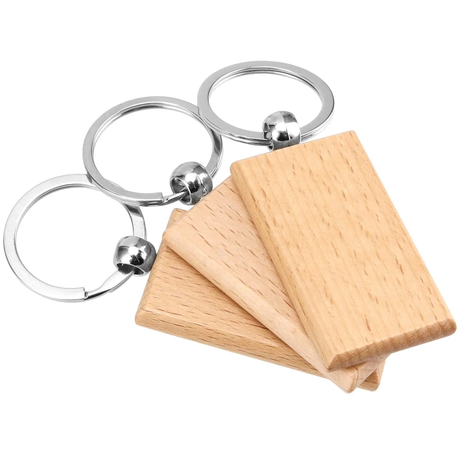 10-100Pcs Blank Wooden Keychain Rectangular Bulk Wholesale Wood Key Chains Ring Suitable for Gift