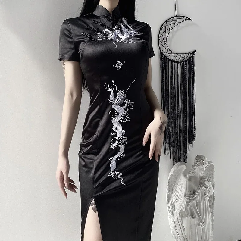 Cheongsam Dress Harajuku Vintage Chinese Style Sexy Split Long Cheongsam Vestidos Women Gothic Dragon Embroidery Slim Maxi Dress