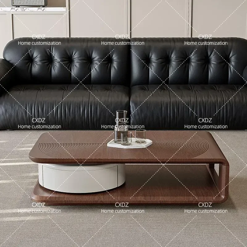 Simple Modern Rotatable Coffee Table with Drawer Storage Natural Walnut Leather High End Tea Table for Living Room