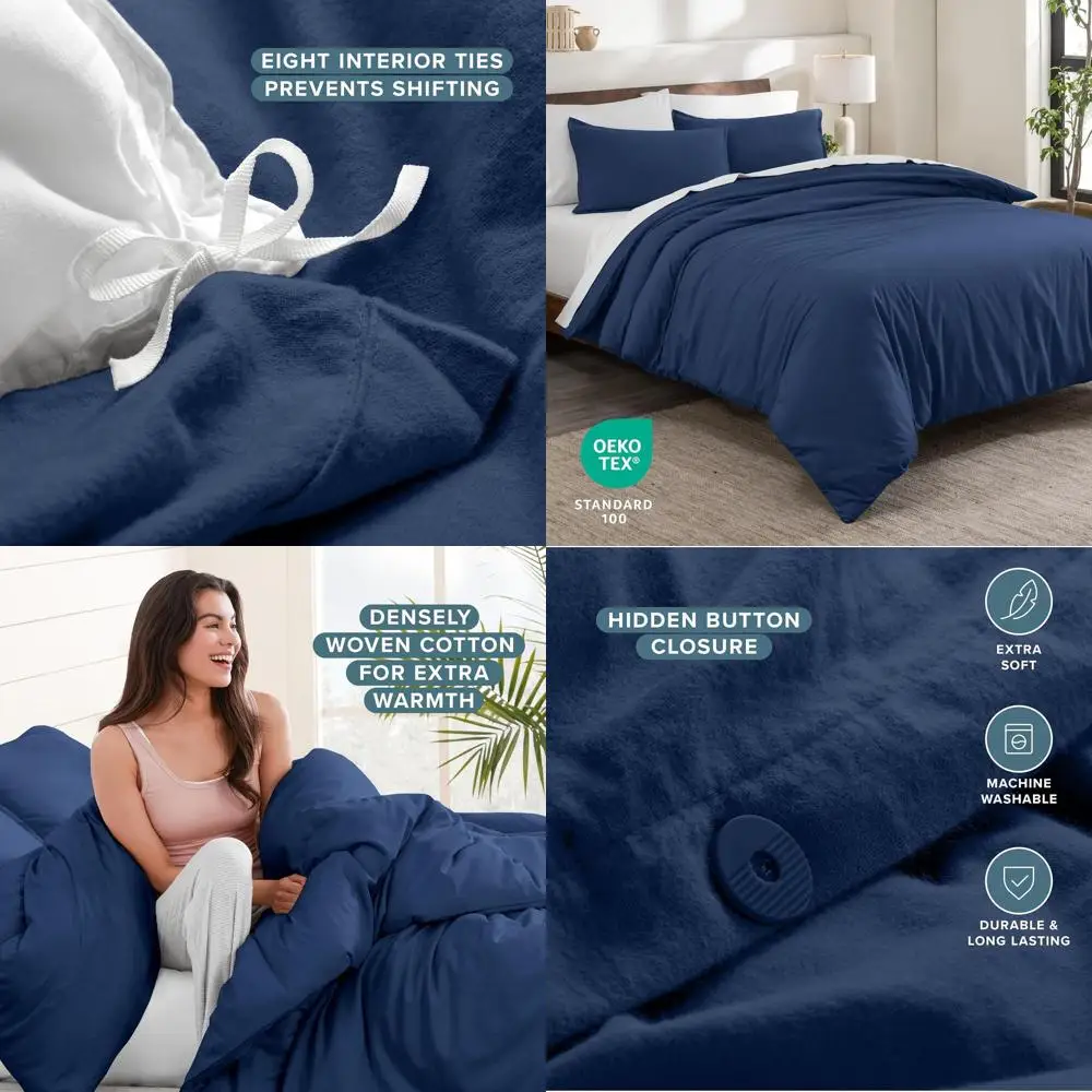 

Queen Size 100% Cotton Flannel Duvet Cover Set with Pillow Shams - Double Brushed, Velvety Soft, Dark Blue