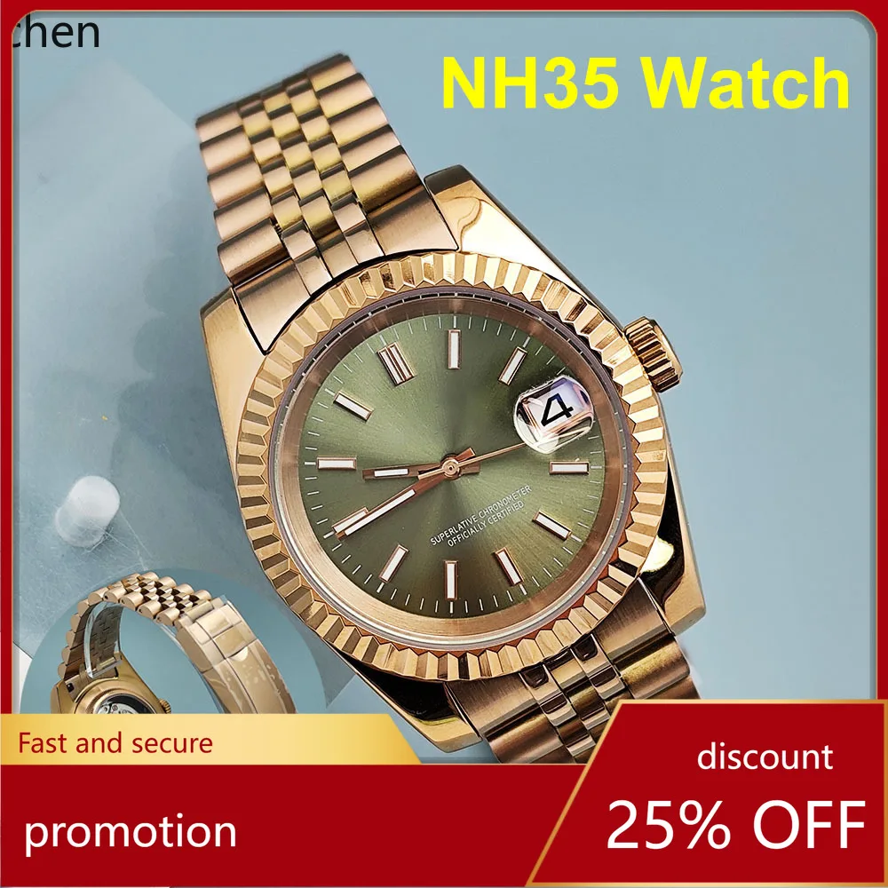 New NH35  Men's Watch Automatic Mechanical Watch Stainless Steel  Rose Gold Watch Sapphire Glass NH35 Movement