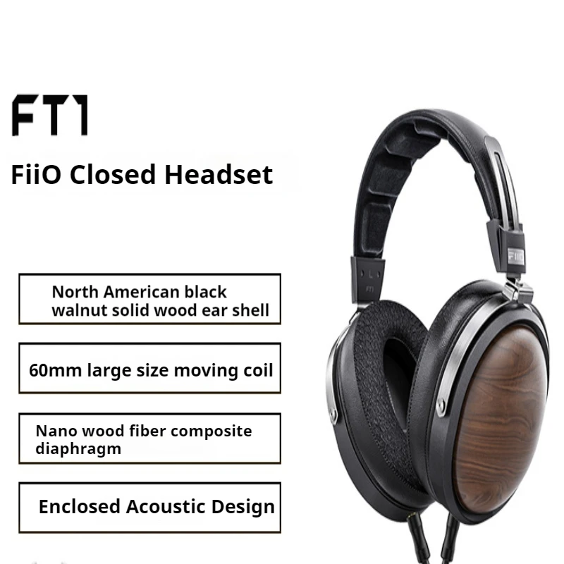 FiiO FT1 Wired HiFi Headphones Walnut Wood Earphones 60mm Dynamic Closed-Back Headsets American Black Wood Ear Plugs Custom