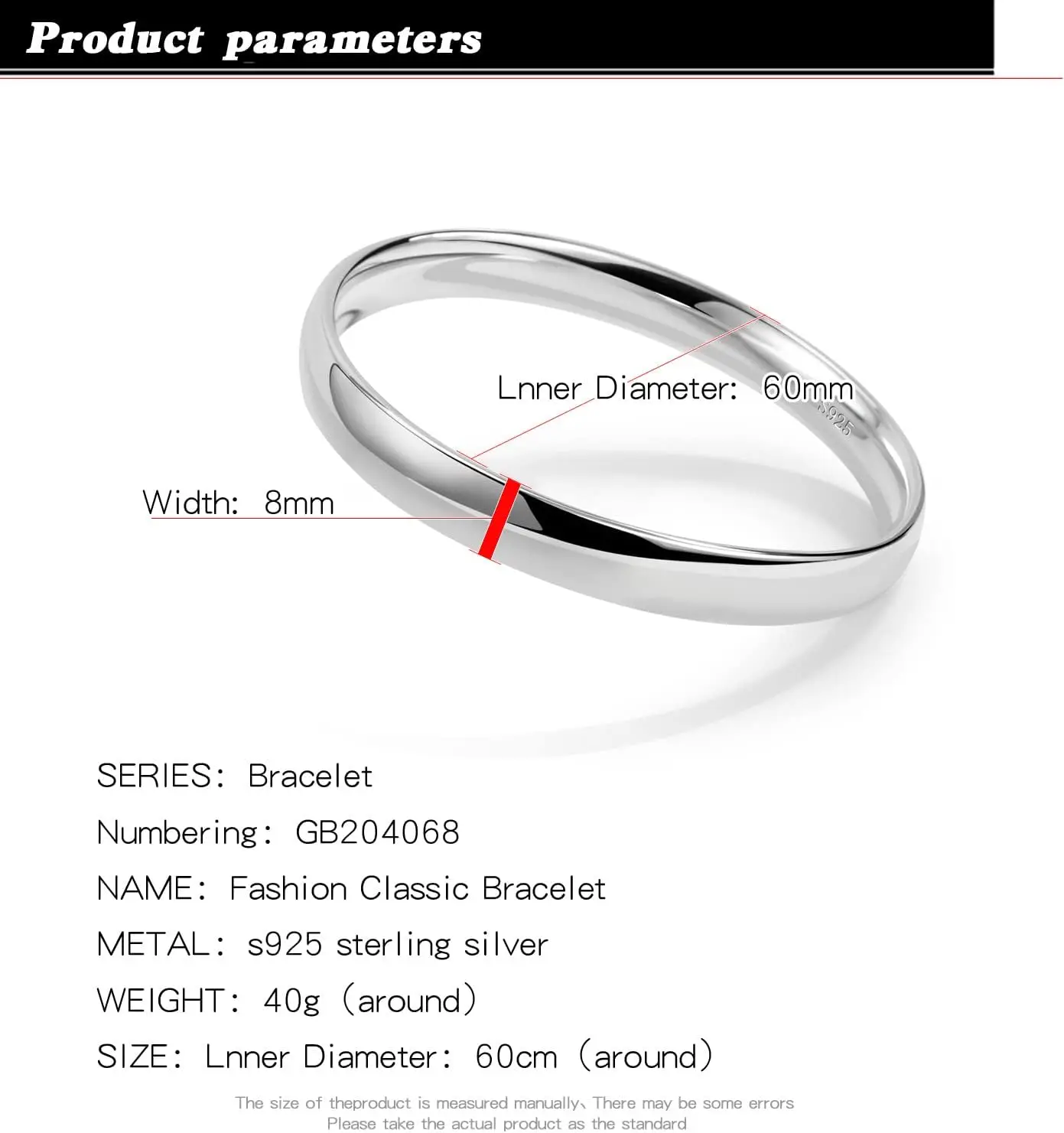925 Sterling Silver Italian Handmade Bracelet - 7/8MM Glossy Bracelet for Women - Minimalist Original Silver Bangle - Fine Jewelry - 60-65-68MM