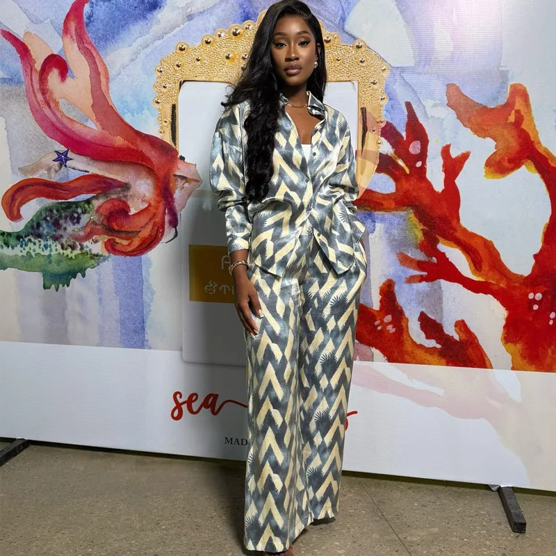 الموضة الأفريقية المرأة عادية العصرية فضفاضة مطبوعة 2 قطعة مجموعات بدوره إلى أسفل طوق قمصان طويلة الأكمام واسعة الساق بنطلون مستقيم #2