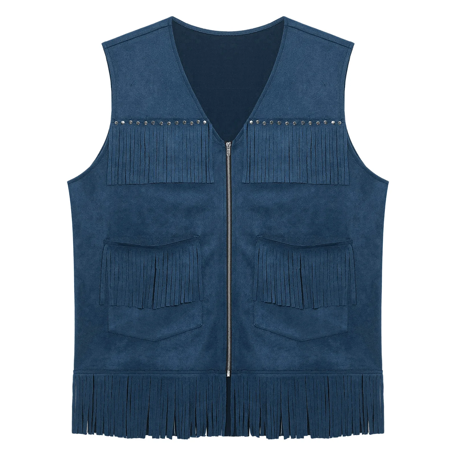 

Men Hippies Western Cowboy Cosplay Performance Coats Vintage Tassels Fringe Decor Vest Waistcoat for Traveling Halloween Party