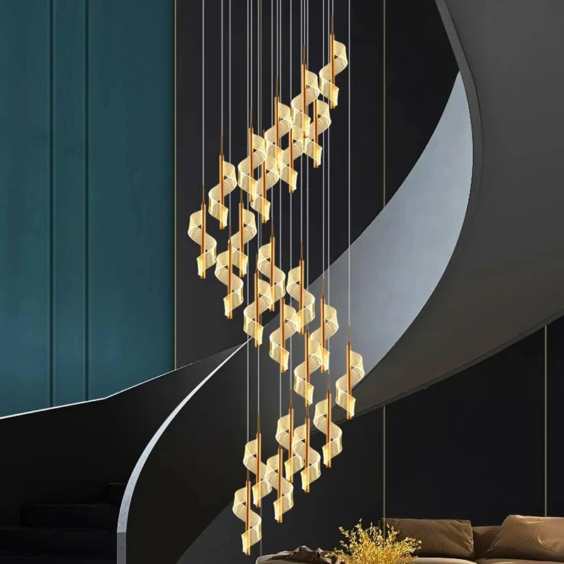 Modern LED Staircase Chandelier Living Room Villa Hall Light Luxury Long Line Spiral Duplex Building Nordic Simple Chandelier