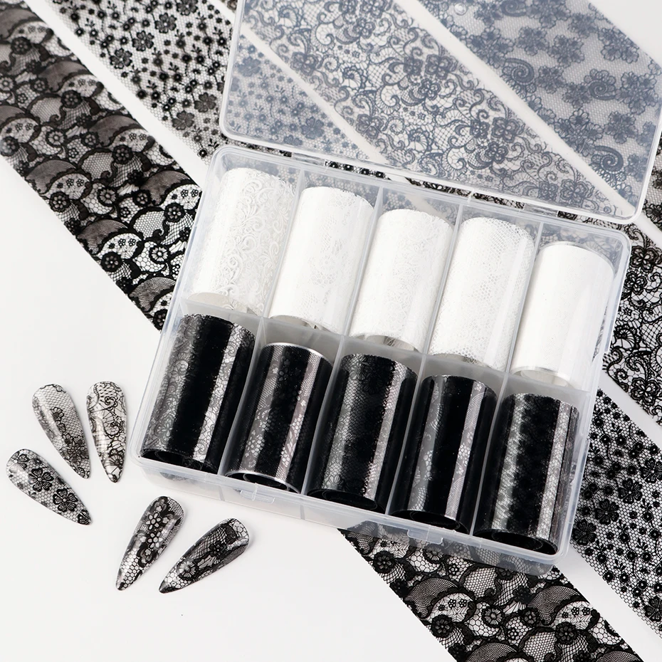 10 Rollen Schwarz-Weiß Spitzen-Nagelfolien-Transferaufkleber Elegante Schwarz-Weiße Spitzen-Fantasie Blumenmuster Sternenhimmel Papier-Nageldekoration – Detail 6