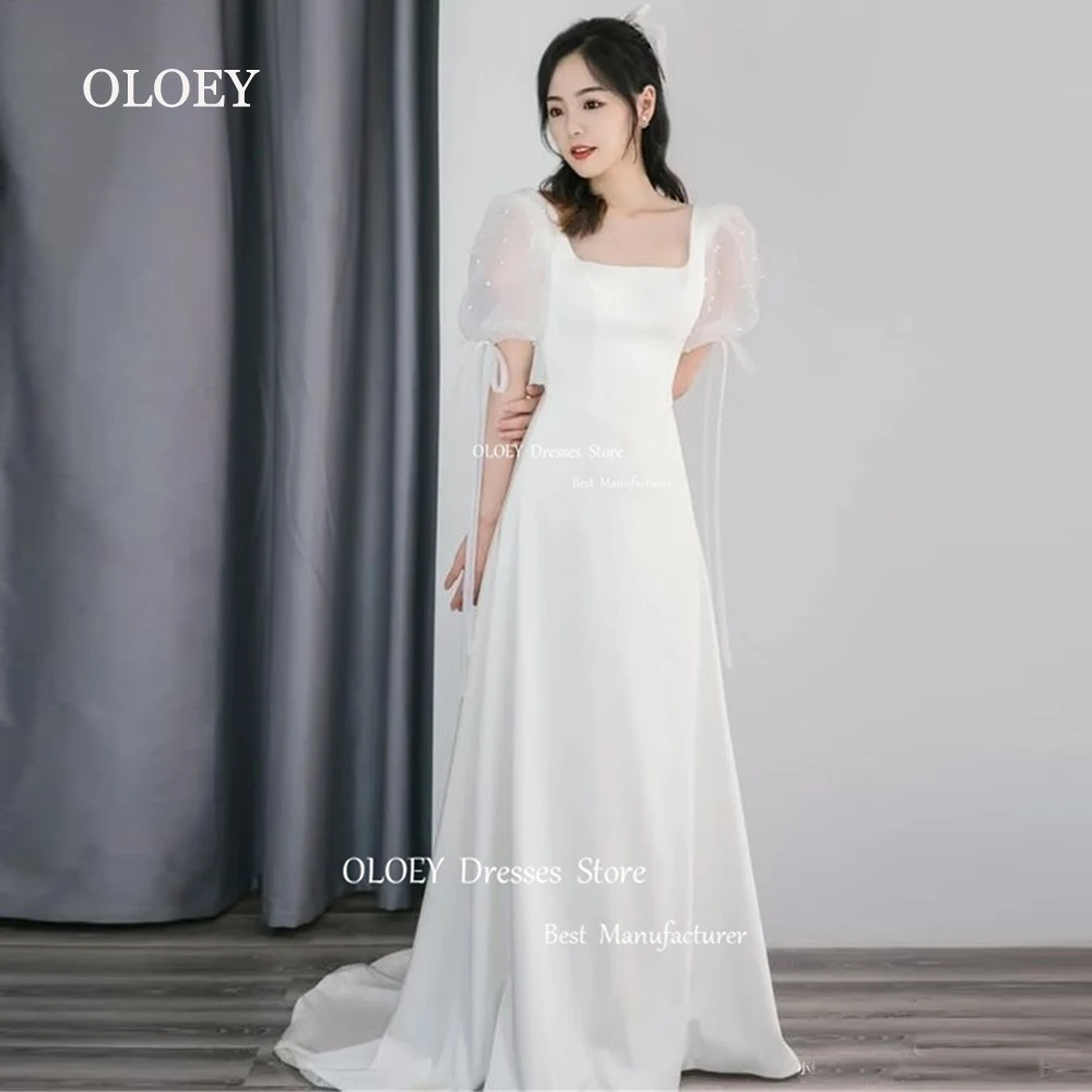 

OLOEY Simple Ivory Satin Wedding Dress Korea Photoshoot Short Puff Sleeves Ribbon Bridal Gown Square Collar A Line Custom Made