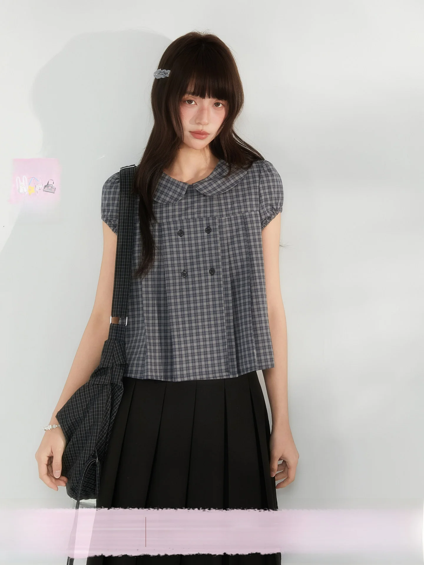 

Sta "Island Tide" Plaid Polka Dot Doll Collar Bubble Sleeve Shirt Women's Short Cotton Blend Anti-Wrinkle Breathable Top