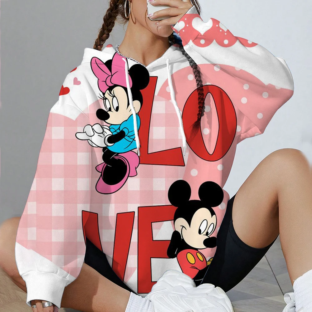 2025 女性の秋のかわいいディズニーミッキーマウスプリントブラックパーカーファッションカップルストリートウェアスポーツウェア