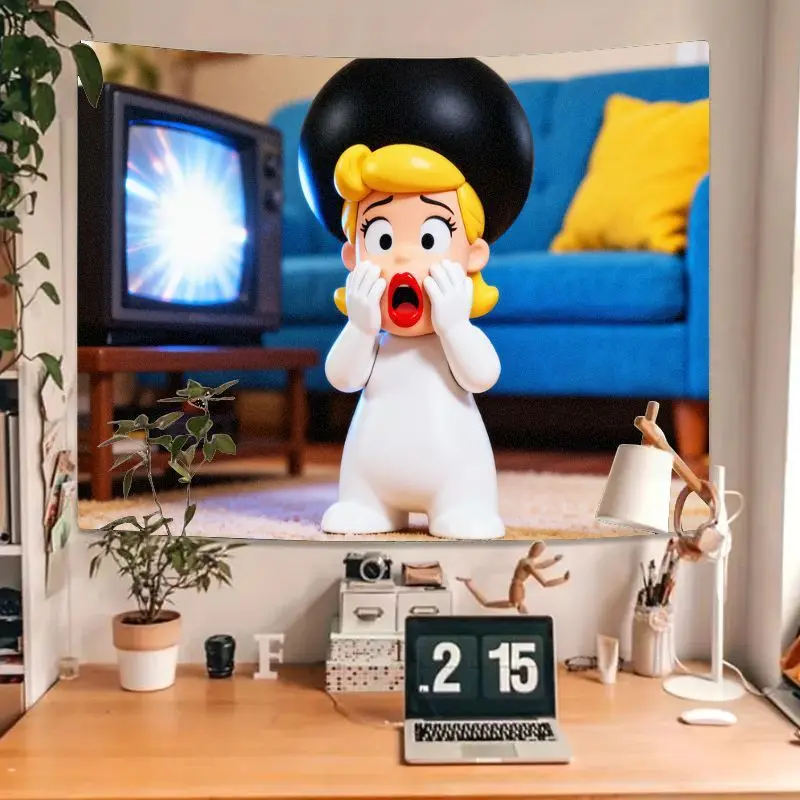 1 Buah Tapestry Gadis Kartun Lucu dengan Topi Bola Hitam Ikonik & TV Retro, Seni Dinding Poliester Modern untuk Ruang Tamu Kamar Tidur