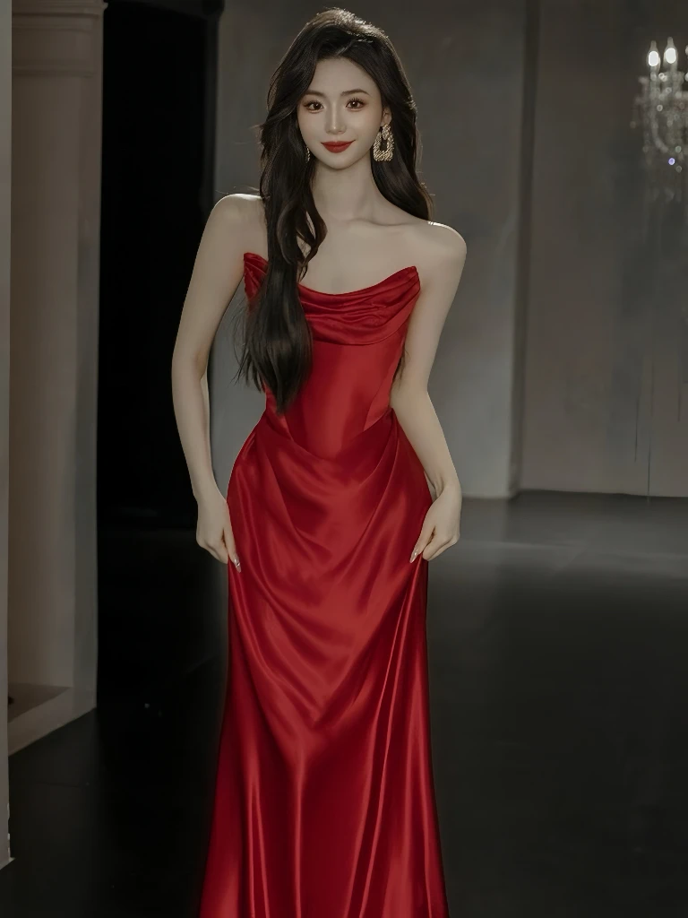 하이엔드 와인 레드 이브닝 가운 주름 장식 인어 슬리밍 민소매 오픈 백 롱 트레일링 공식 행사 칵테일 파티 드레스