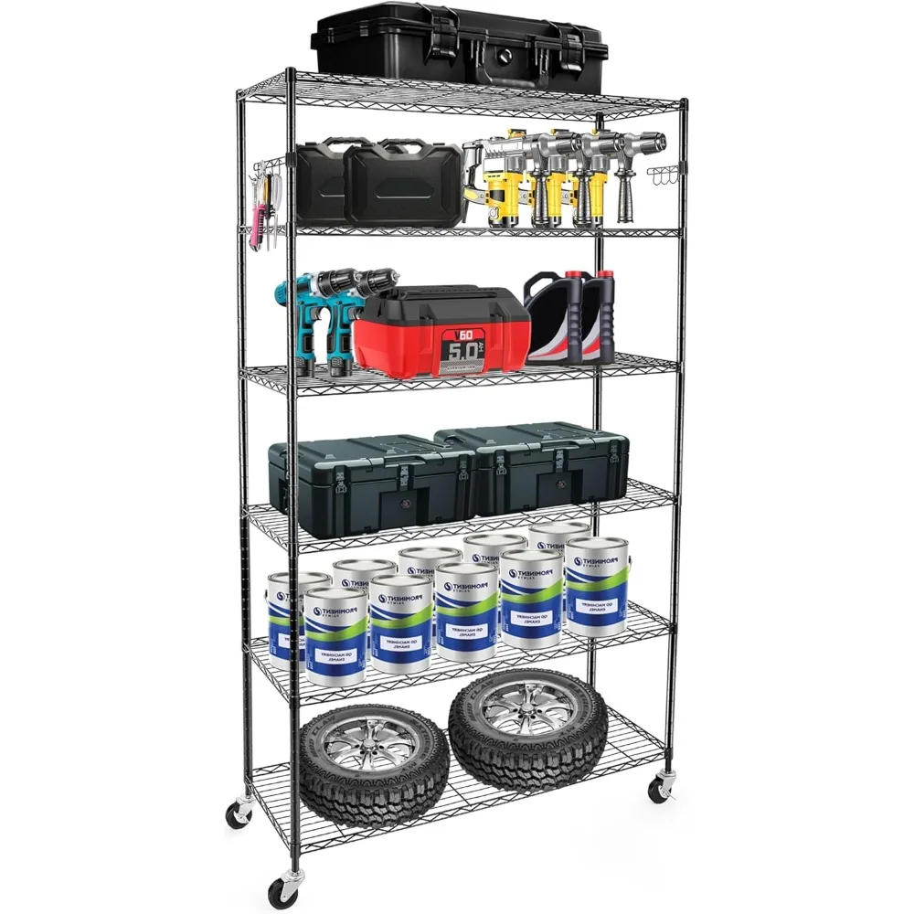 

Wire Shelving,2450Lbs Capacity 6 Tier Heavy Duty NSF Wire Shelf with Rolling Wheels Black Metal Storage Shelves Adjustable