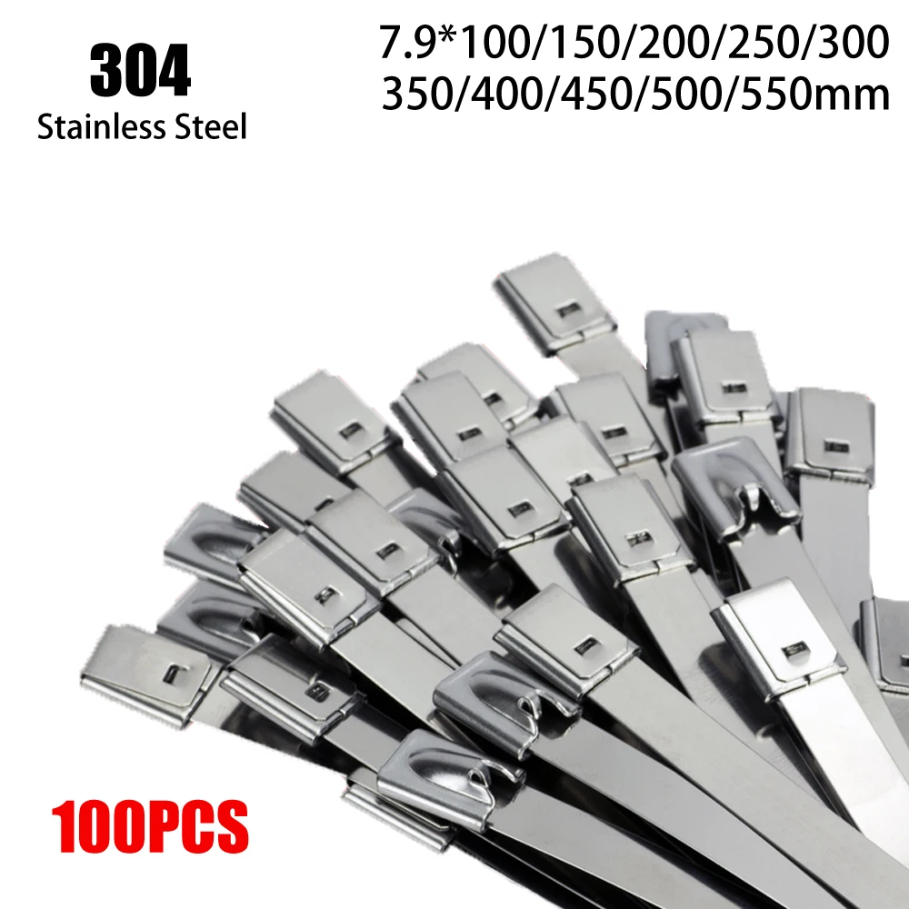 100Pcs 304# Stainless Steel Metal 7.9mm Antioxidant Multifunctional Locking Cable Ties Cable Ties With Self-locking