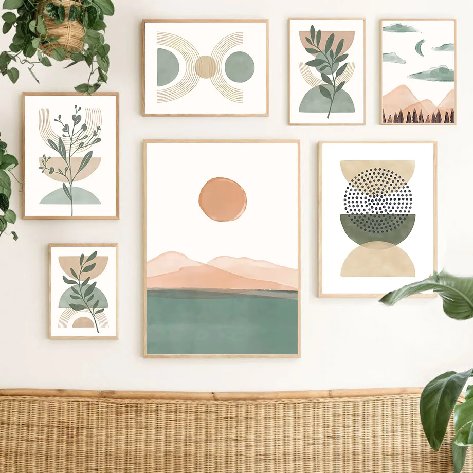 Frameless canvas paintings,Green Mountain Sea Leaves Sun Geometry Wall Art Canvas Painting Abstract Lines Posters And Prints Pic