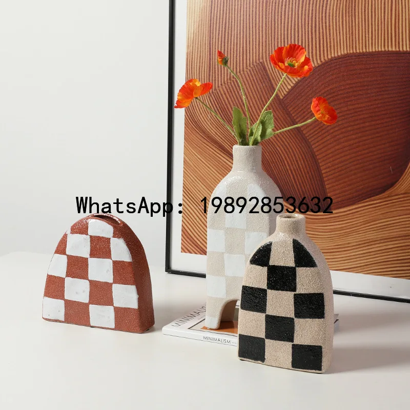 

Frosted Ceramic Vase Geometric Check Pattern Flower Vase Flower Arrangement Accessories Coarse Pottery Pot Home Decoration