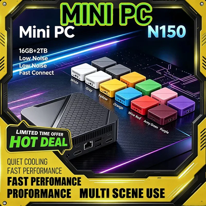 Intel N150 Multi-Color Mini PC 16GB 2TB Storage WiFi6 Bluetooth 5.2 Output Windows 11 Pre-installed for Gaming And Office