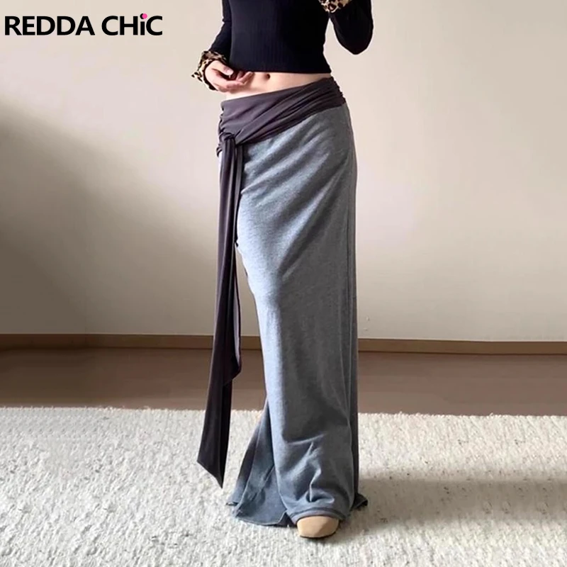 

ReddaChic струящаяся волана женская длинная юбка макси с цветными блоками, завязанная с высокой посадкой и разрезом, повседневная трикотажная юбка трапециевидной формы с гофрировкой, одежда в стиле ретро