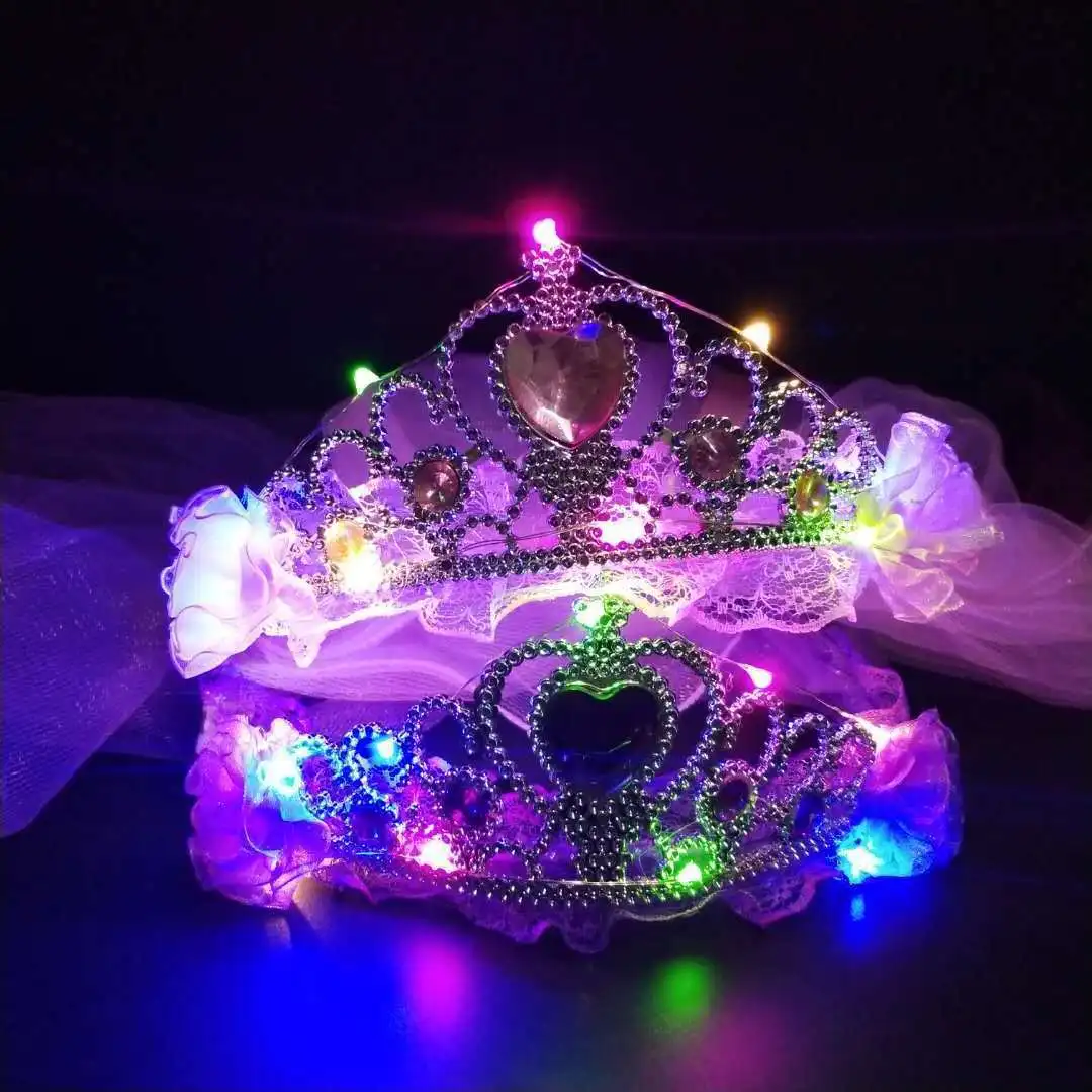 LED Light Up Girls Tulle Veil Crown Rhinestone First Communion Glow In The Dark Birthday Wedding Party Favors Festival Christmas