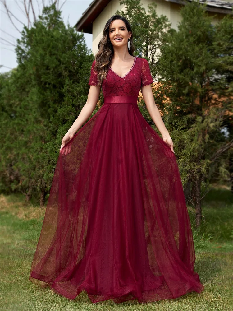 Lucyinlove Elegant Red Chiffon Long Evening Dresses 2024 New Women Mermaid Bridesmaid Wedding Party Formal Party Dress Prom