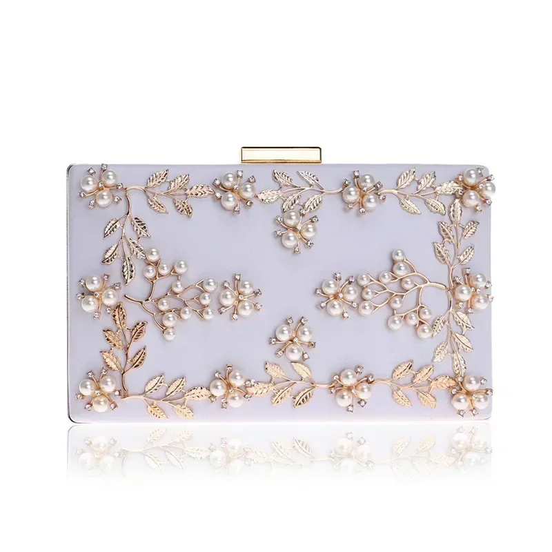 Pink Clutch Purse Women Fashion Pearls Beading Bride's White Square Bags Luxury Leather Cellphone Handbags Envelope Evening Bags