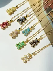 Bear Charms Colorful Zircon Full Rhinestones Animal Bears Pendant Necklaces for Women Collar Korean Necklace Men Jewelry Gifts