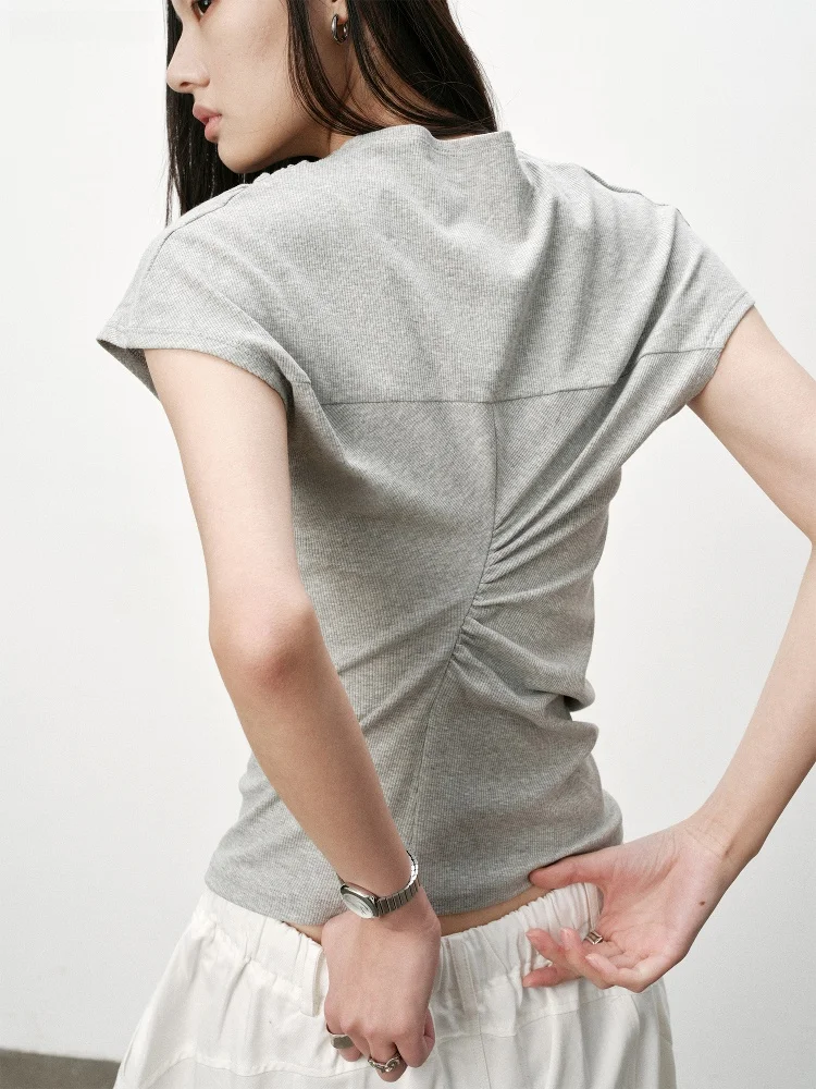 SHKUCO Deconstructed Body Slim Fit High Elasticity Short Sleeve Knitted T-Shirt Commute Style Pure Color Cotton Fly Sleeve