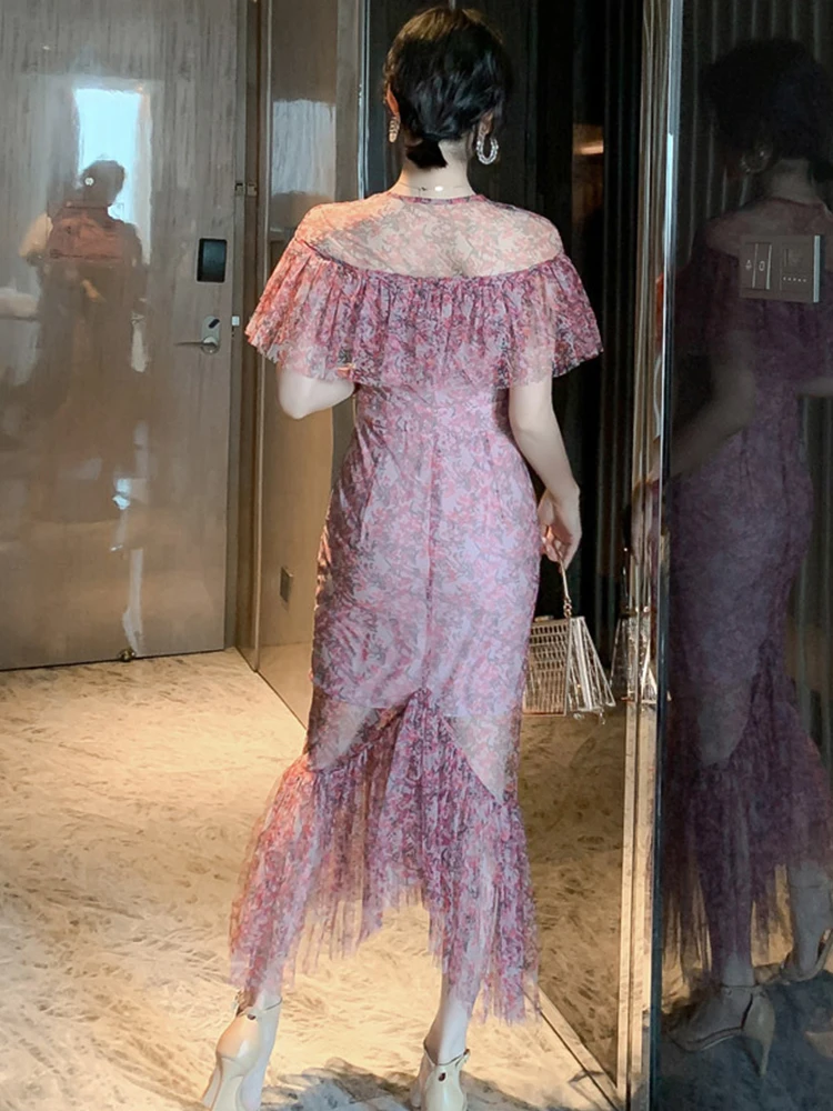 ภาษาฝรั่งเศสคําโรแมนติกวันหยุดชุดผู้หญิง Gentle Elegant Sheer ตาข่ายเดี่ยว Ruffles Fishtail Robe Beach Party วันที่ Vestidos