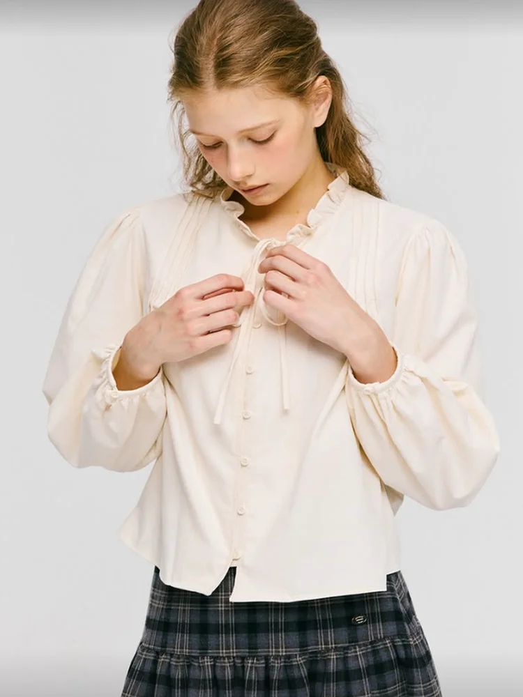 

Slimming Long Sve irt Women's Casual Sle Cotton Pure Material Wood ain Collar Tie Waist Design Versatile Top