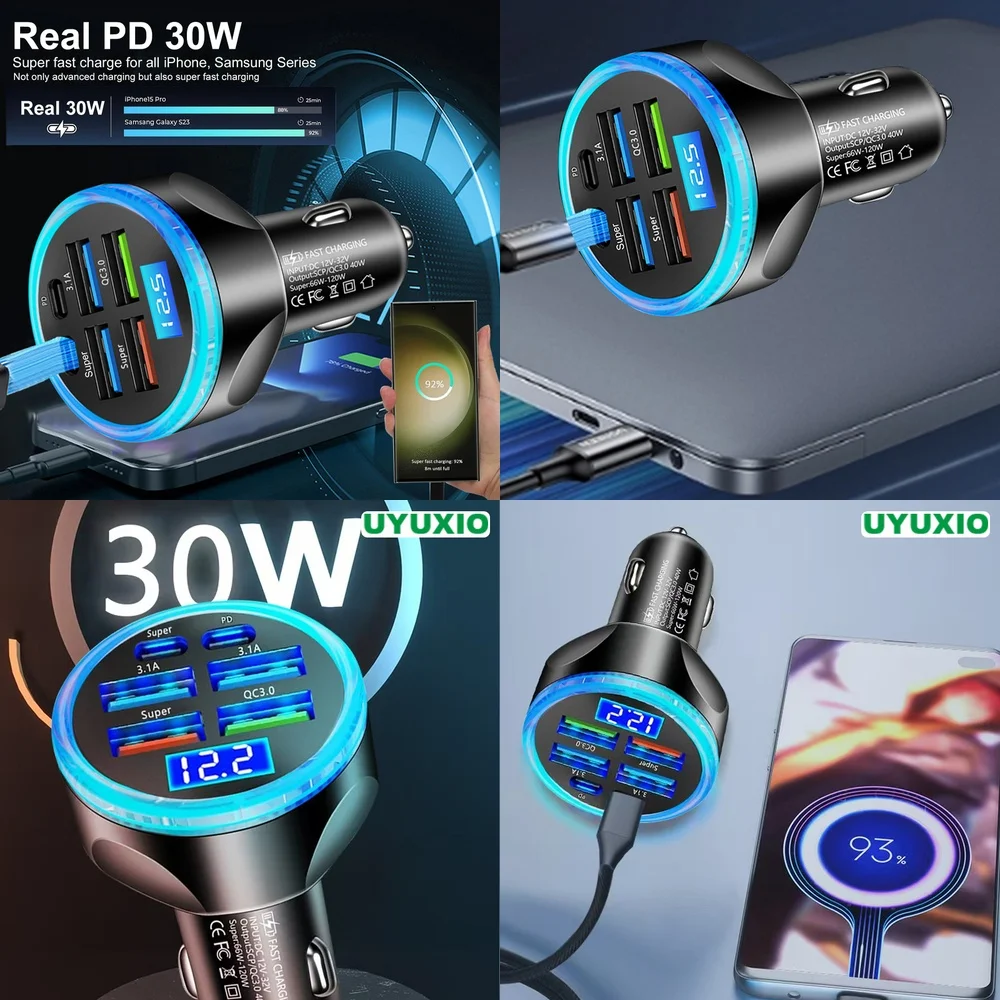 Car Charger PD 30W for iPhone 17 16 15 14 Pro Max Plus Fast Charging Type C USB C 6 Ports Super Fast LED Digital Display Plug
