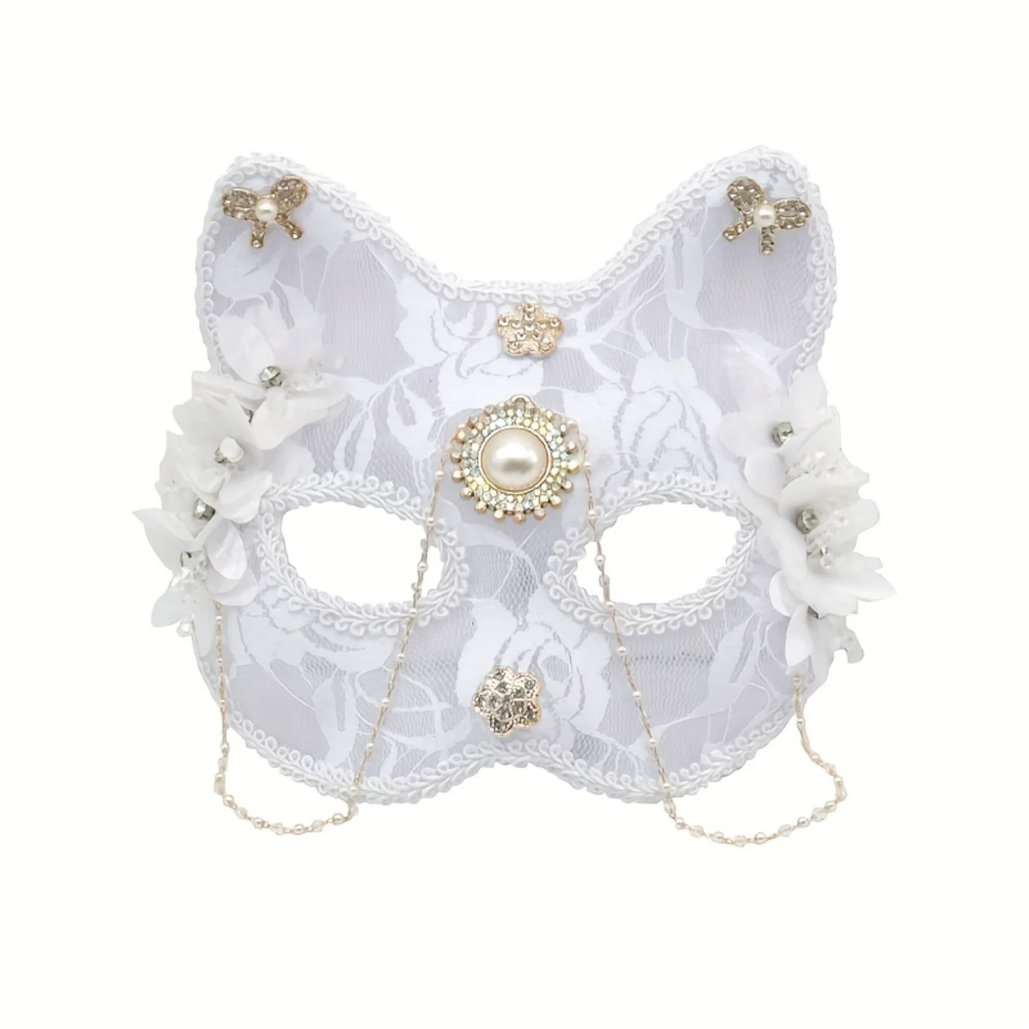 

Elegant White Lace Cat Face Mask with Rhinestones, Faux Pearls, and Floral Accents - Masquerade Party Accessory with Chain Detai