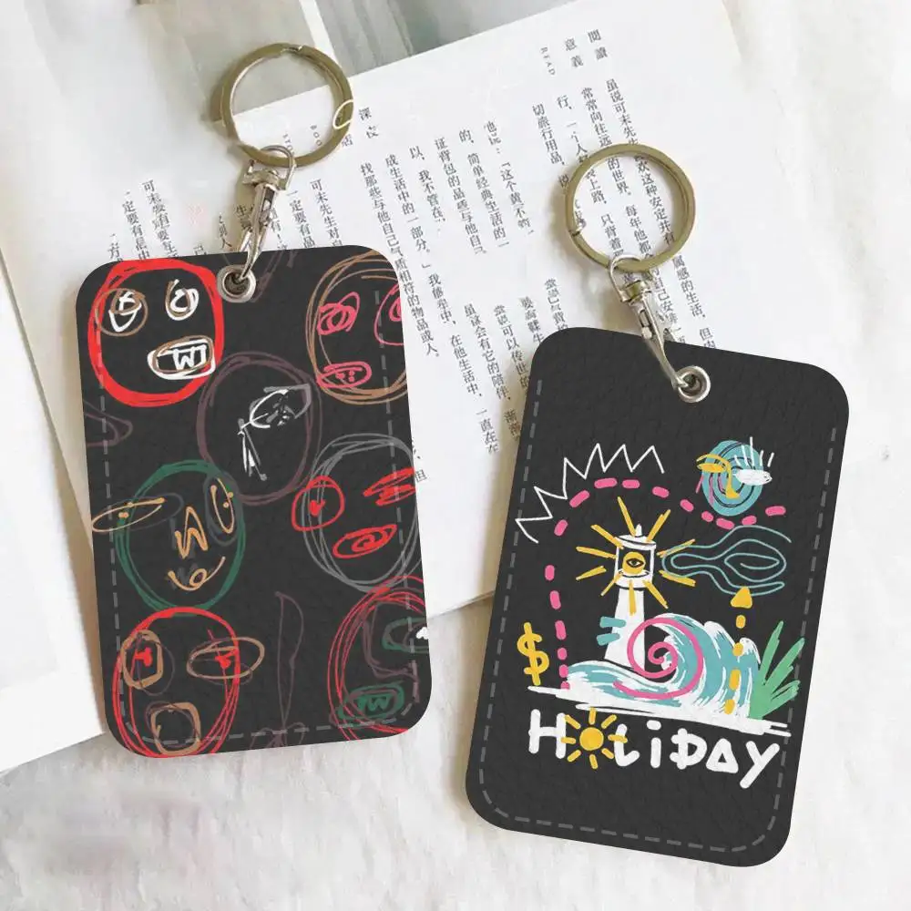 

1PC Colorful line graffiti black background Holder Suitable For Bank Card Subway Bus Card Wallet Card Case Badge Holder Keychain
